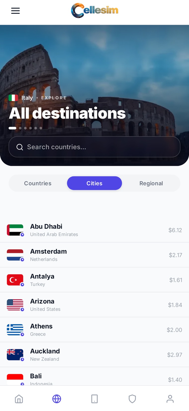 City list showing each city with its country and price.