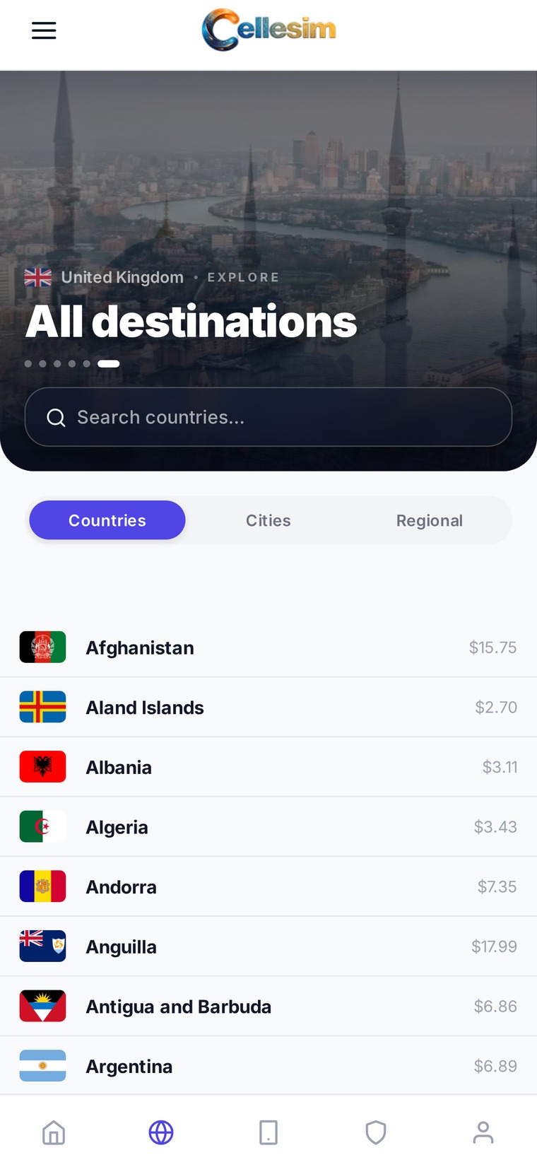 Country list with a price next to each destination.