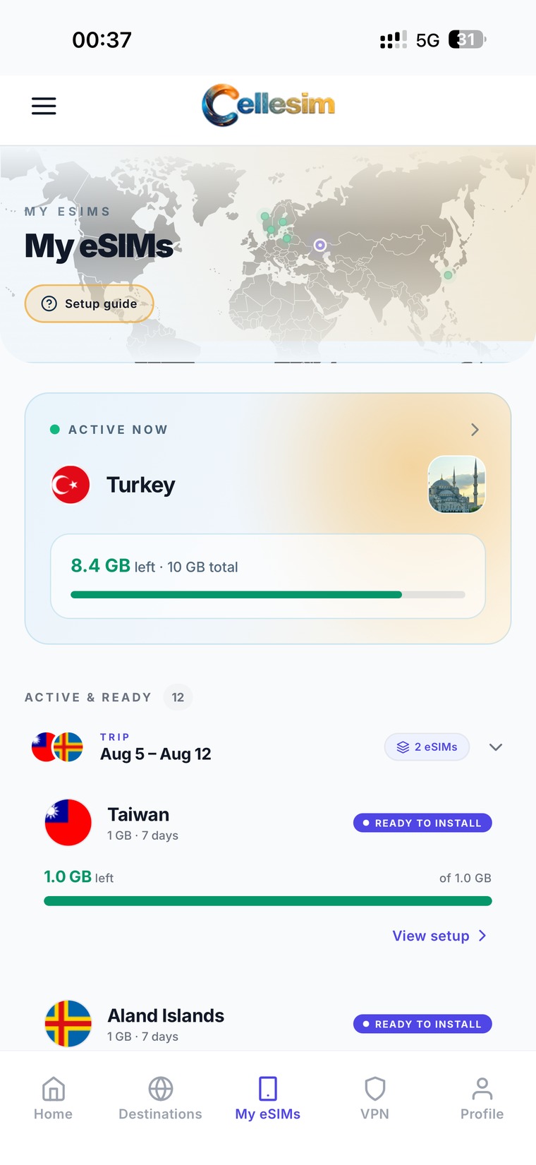 My eSIMs screen showing active and ready-to-install plans with remaining data.