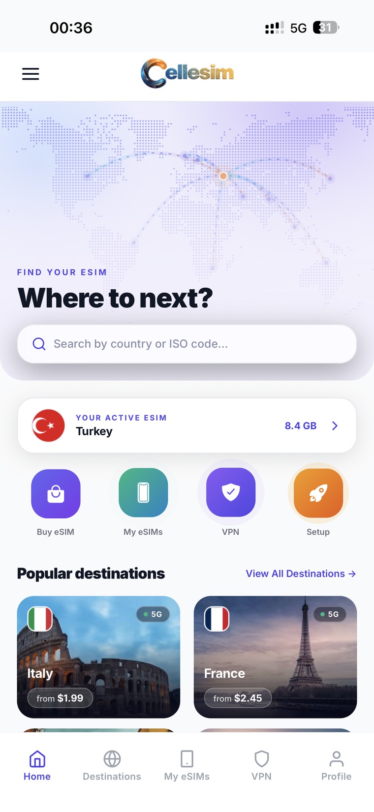 The Cellesim app home screen, showing a destination search and popular countries.