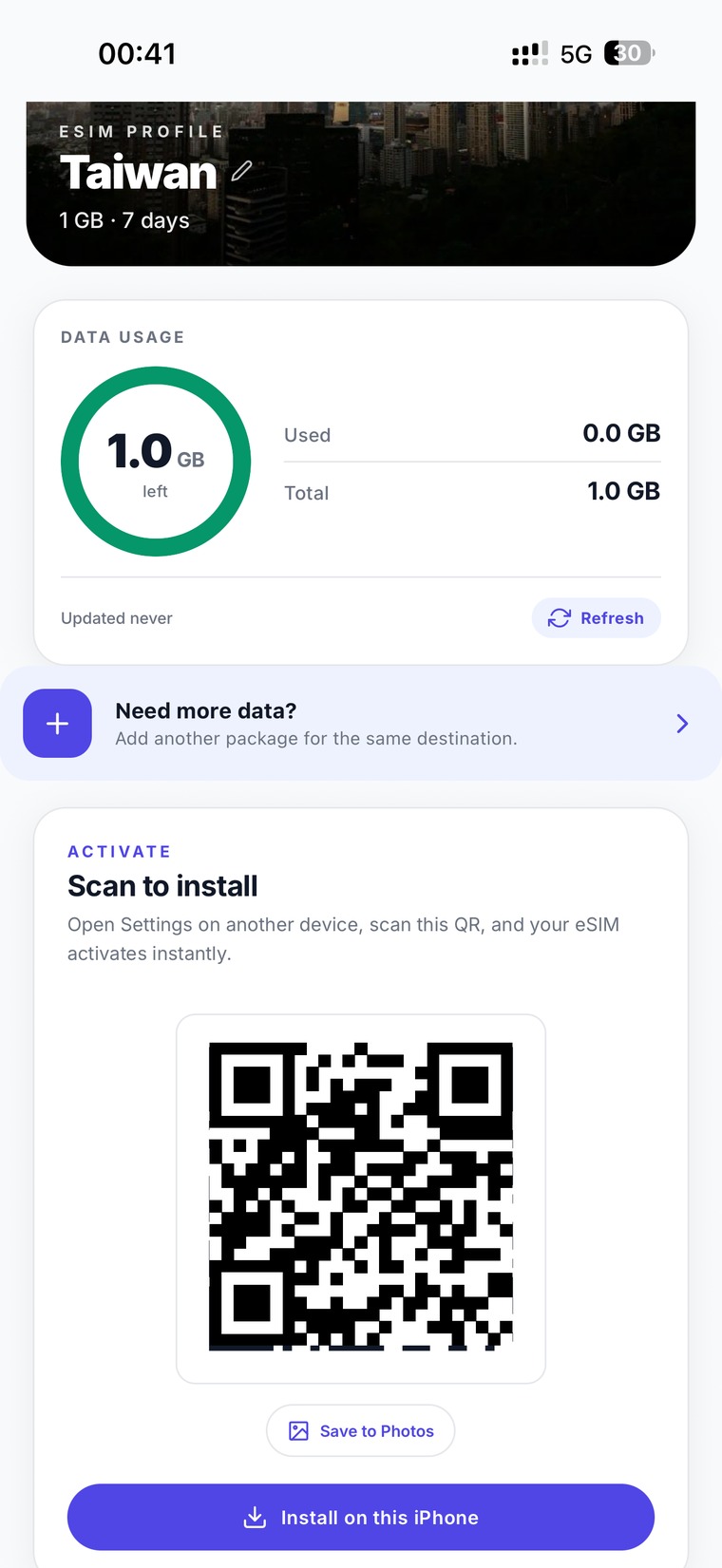 In-app eSIM installation screen.