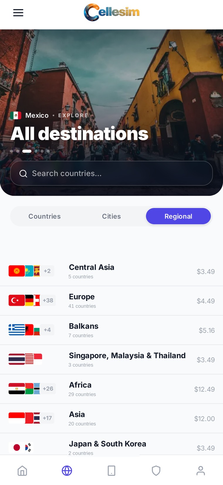 Regional bundles such as Europe, Africa and Asia with the number of countries each covers.