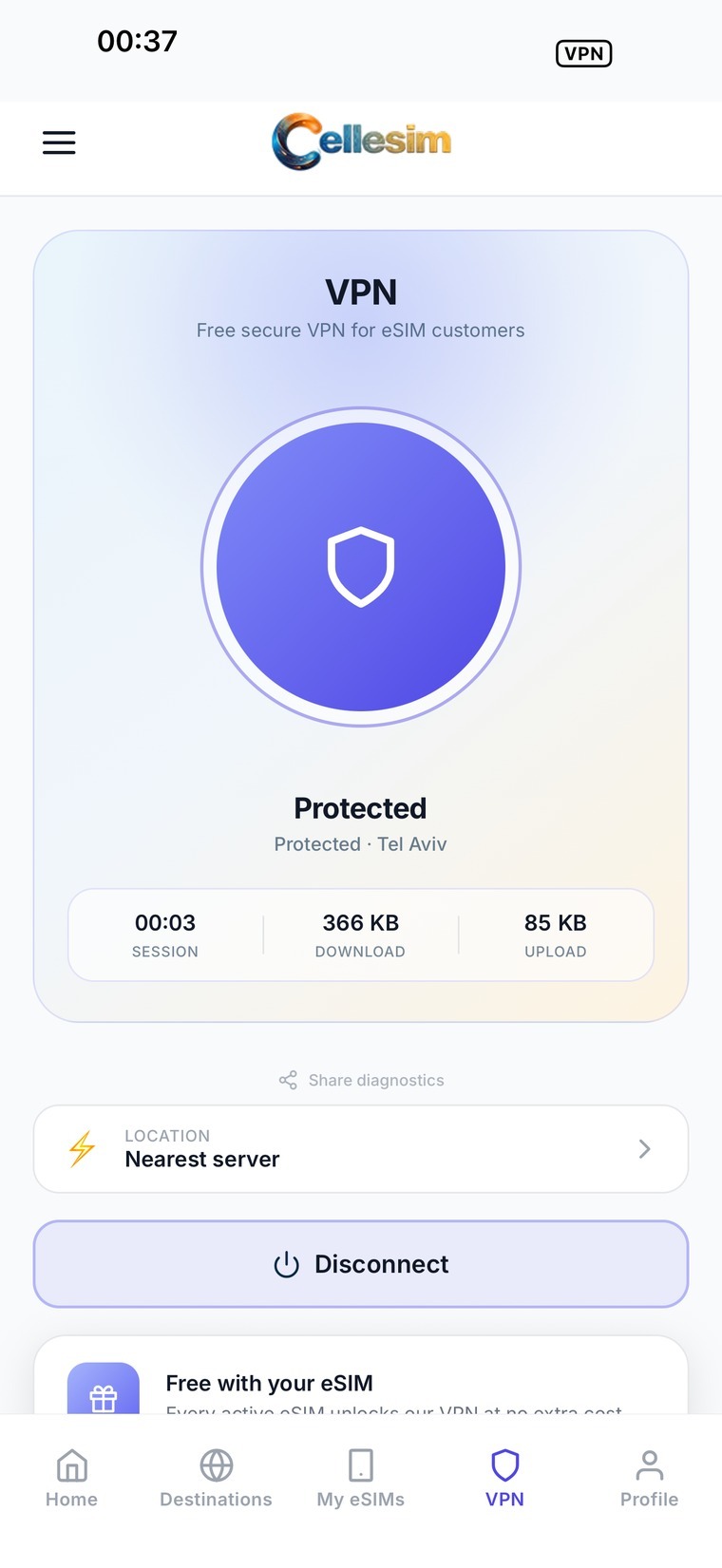 Built-in VPN screen showing a protected connection.